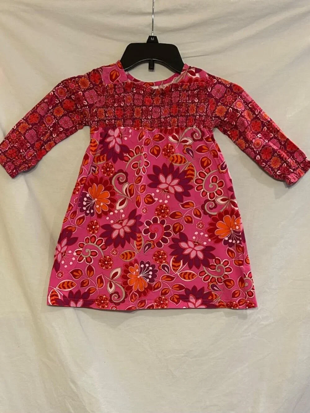 Hanna Andersson Girls Size 3 90cm Pink Flower Long Sleeve Ruched Front Dress